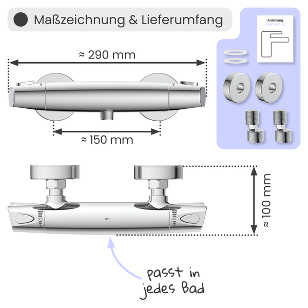 Maßzeichnung und Lieferumfang einer Duscharmatur mit Größenangaben