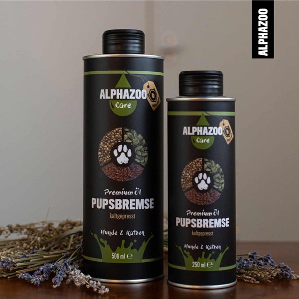 Zwei Flaschen AlphaZoo Premiumöl Pupsbremse für Hunde und Katzen, kaltgepresst, in den Größen 500 ml und 250 ml