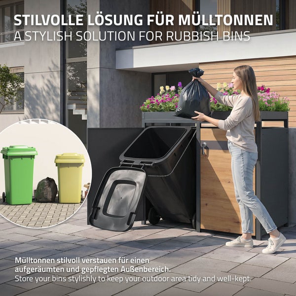 Moderne Mülltonnenbox aus Metall und Holzoptik mit Pflanzdach. Eine Person entsorgt Abfall. Vergleich zeigt freistehende Tonnen im Außenbereich.