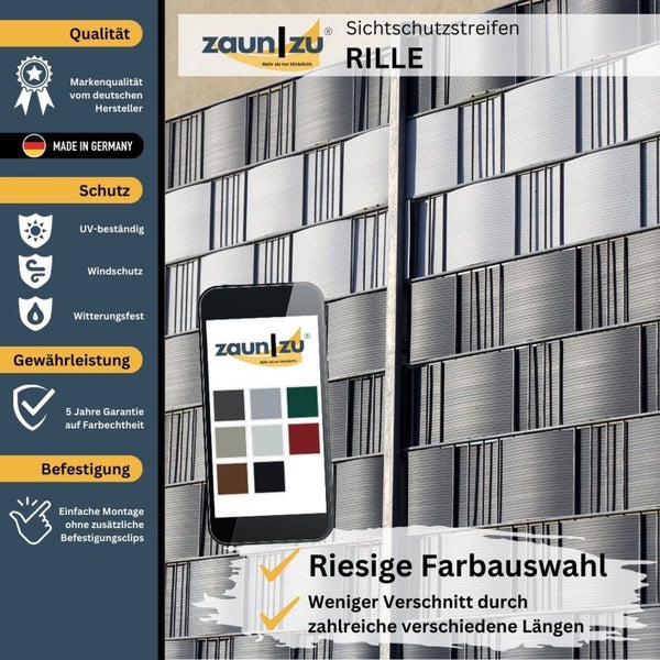 Zaun zu Sichtschutzstreifen Rille mit Informationen zu Materialeigenschaften, deutscher Herstellung, fünf Jahren Garantie und einfacher Montage.