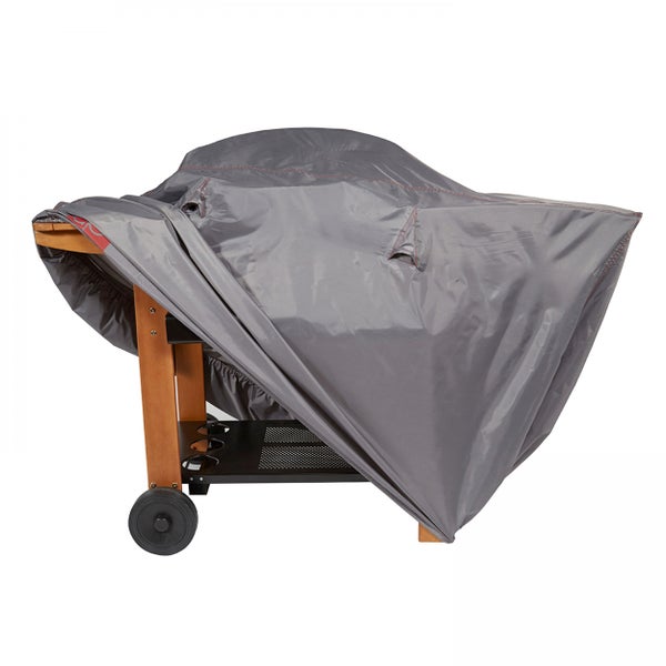 Graue Grill-Abdeckhaube über einem Grillwagen aus Holz mit Rollen.