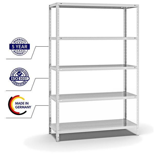 PROREGAL Fachbodenregal Schraubsystem Light-Duty Grundregal HxBxT 200 x 130 x 50 cm 5 Ebenen Fachlast 125 kg Beidseitig Nutzbar Lichtgrau