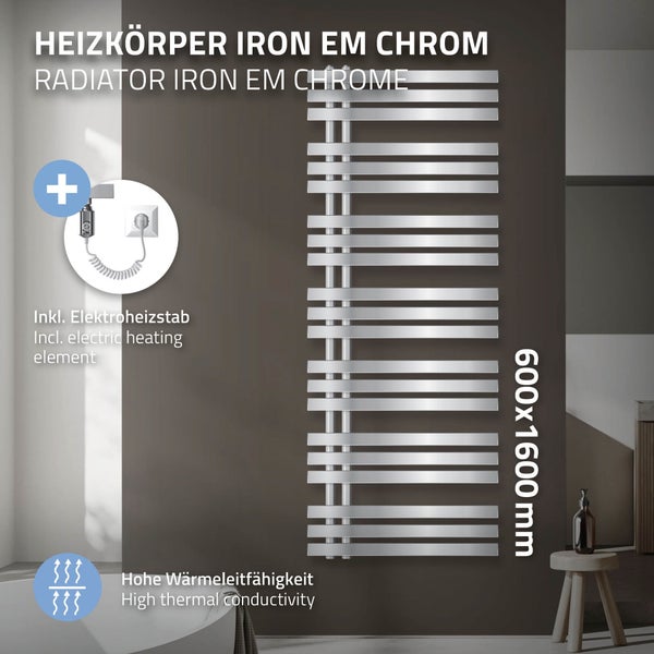 ECD Germany Iron EM Design Badheizkörper Elektrisch mit Heizstab 1200 W - 600 x 1600 mm - Chrom - Designheizkörper Paneelheizkörper Heizkörper Handtuchwärmer Handtuchtrockner