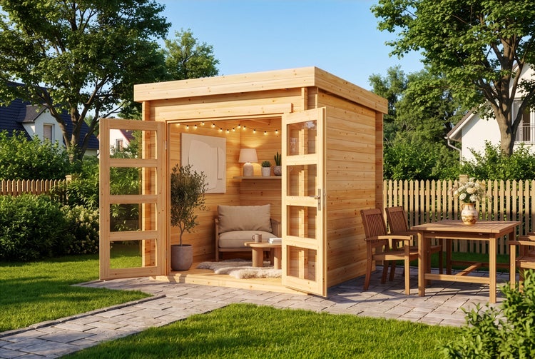 Modernes Gartenhaus aus Holz mit Flachdach und Doppelflügeltüren, gemütlich eingerichteter Innenraum mit Sessel und Beleuchtung in einem Garten.