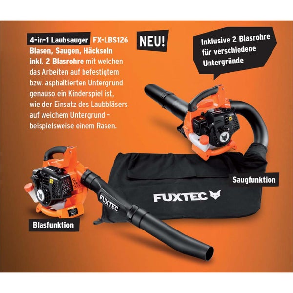 Fuxtec 4-in-1 Laubsauger mit Blas-, Saug- und Häckselfunktion inklusive zwei Blasrohren und Fangsack