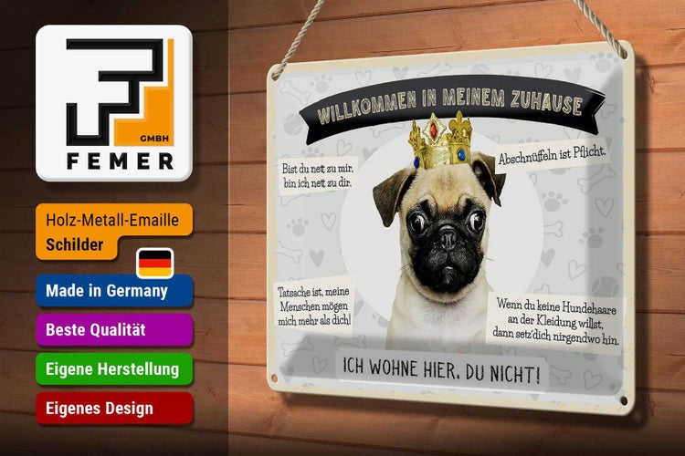 Blechschild Spruch 30x20cm Tiere Mops willkommen wohne hier