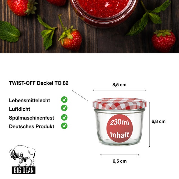 Einmachglas mit Twist-Off Deckel und den Maßen 8,5 cm x 6,8 cm x 6,5 cm, Füllmenge 230 ml, lebensmittelecht, luftdicht, spülmaschinenfest, deutsches Produkt, Big Dean Logo