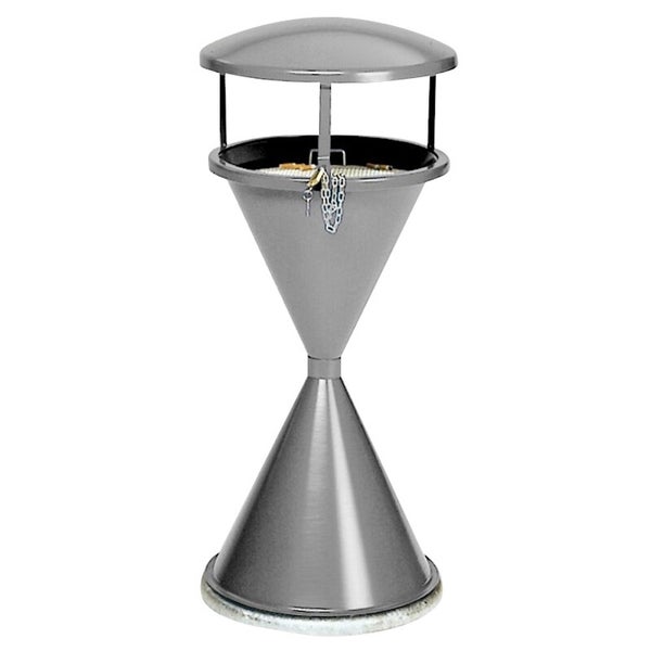 Standascher aus Metall in Sanduhrform mit kegelförmigem Standfuß und Regenschutzdach.