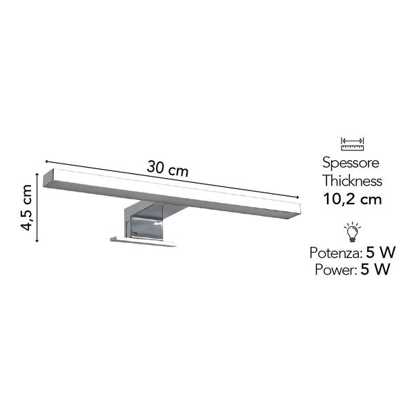 Rechteckige Metall-Wandleuchte, Länge 30 Zentimeter, Höhe 4,5 Zentimeter, Tiefe 10,2 Zentimeter und 5 Watt Leistung.