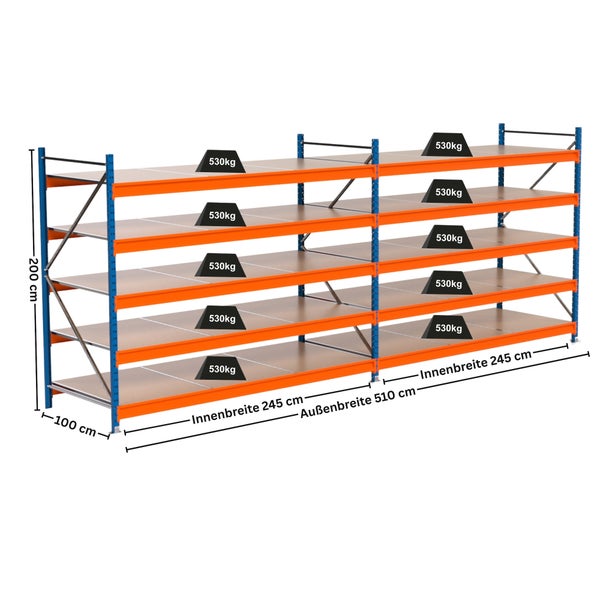 Lagerregal mit fünf Böden, Abmessungen und Gewichtsangaben