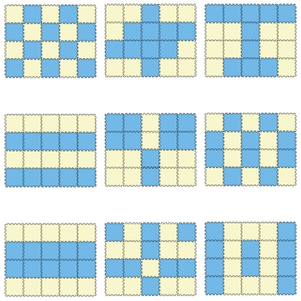 Neun verschiedene Verlegemuster für Puzzlematten aus Schaumstoff mit verzahnten Rändern.