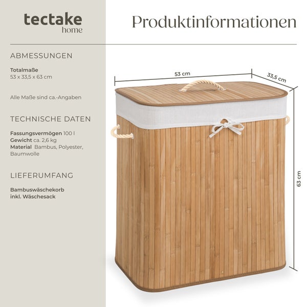 Wäschekorb aus Bambus mit Stoffeinsatz, 100 Liter Fassungsvermögen, Maße 53 mal 33,5 mal 63 Zentimeter, Tectake Home Logo.
