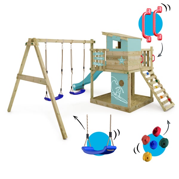 WICKEY Spielturm Klettergerüst Smart Camp mit Schaukel und Rutsche, Baumhaus mit Sandkasten, Kletterleiter und Spiel-Zubehör – pastellblau
