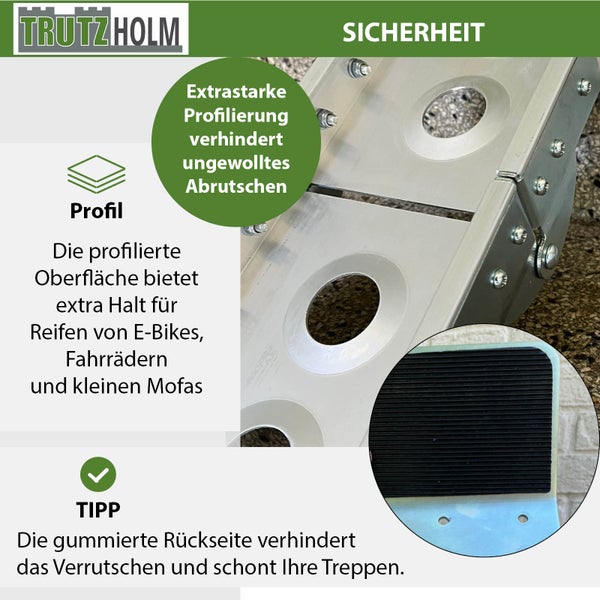 Detailansicht einer Aluminiumrampe mit Sicherheitsmerkmalen und Trutzholm Logo