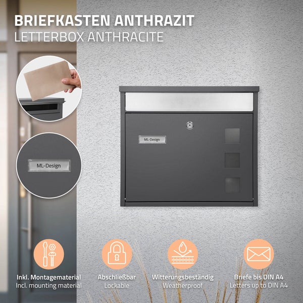 ECD Germany Design Briefkasten mit Pfosten, Standbriefkasten mit Namensschild, Briefkastenanlage, Briefkastenständer Anthrazit 120 cm Edelstahl, Postkasten Anthrazit-Silber Edelstahl pulverbeschichtet