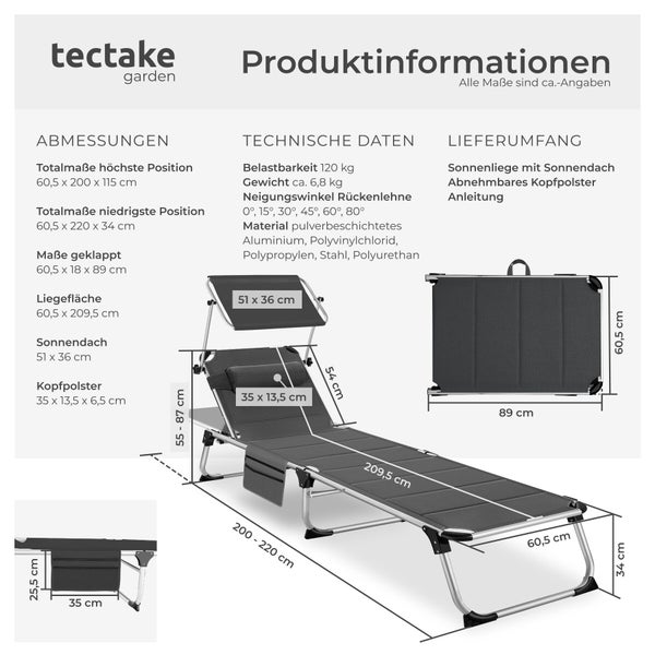Produktinformationen für die tectake garden Sonnenliege mit Sonnendach, inklusive Maßen und technischen Daten.