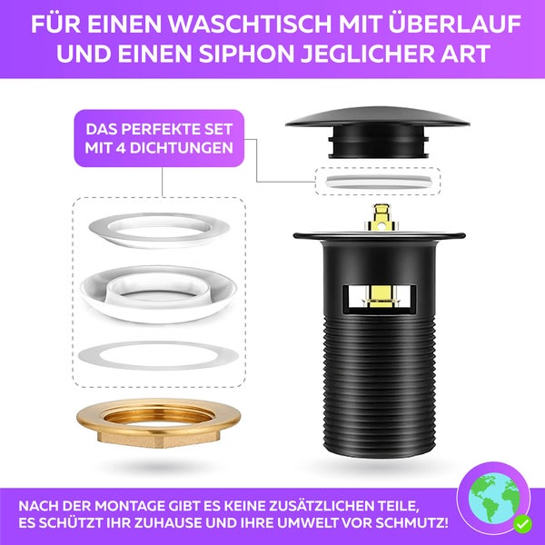 Waschtischablaufgarnitur mit Dichtungen für Waschtische mit Überlauf