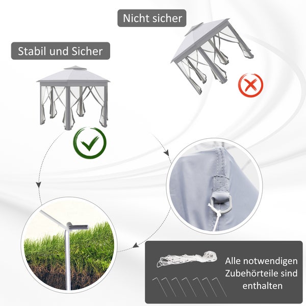 Outsunny Gartenpavillon Faltpavillon 4 x 4 m Pop-Up-Zelt Partyzelt inkl. Tragetasche 6 Seitenteile Doppeldach sechseckig Grau