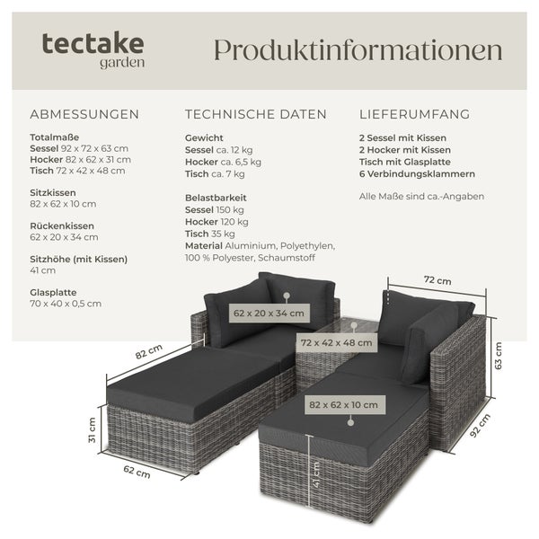Rattan Lounge tectake San Domino mit Sicherheitsglasplatte mit Aluminiumgestell hellgrau/dunkelgrau