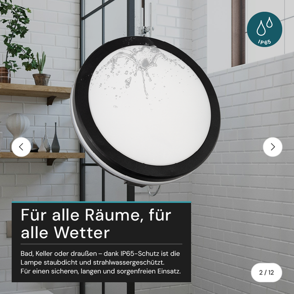 Runde LED-Leuchte mit Schutzart IP65 im Badezimmer.
