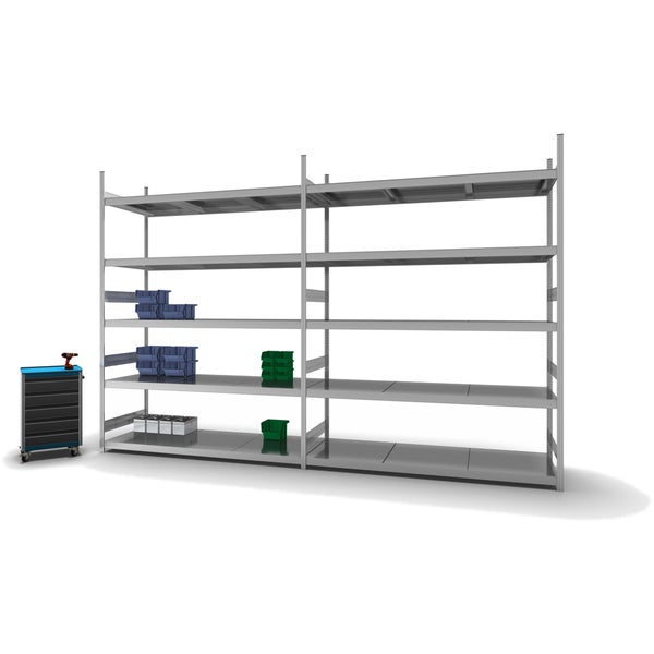 PROREGAL Weitspannregal Stecksystem T-Profil Grundregal HxBxT 300x225x80 cm 5 Ebenen Stahlplatten Fachboden Fachlast 350 kg Verzinkt
