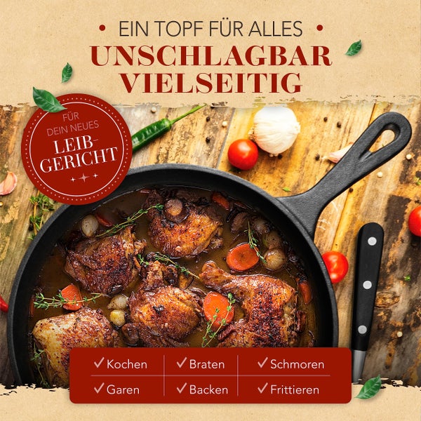 KRUSTENZAUBER Gusseisen Topf [inkl. Fleischgabel] - Robuster 26cm Gusseisen Bräter mit Deckel Backofengeeignet - Ideal als Schmortopf Induktion, Dutch Oven Set, Kazan, Cast Iron Pot, Kochtopf
