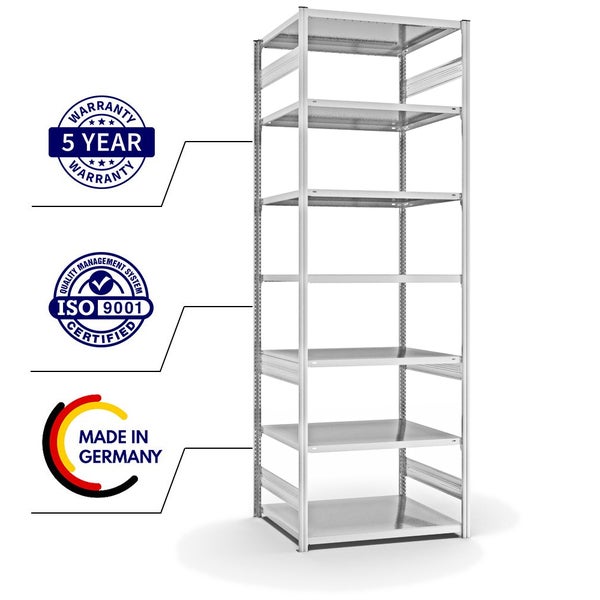 PROREGAL Fachbodenregal Stecksystem T-Profil Light-Duty Grundregal HxBxT 300 x 100 x 80 cm 7 Ebenen Fachlast 130 kg Beidseitig Nutzbar Lichtgrau