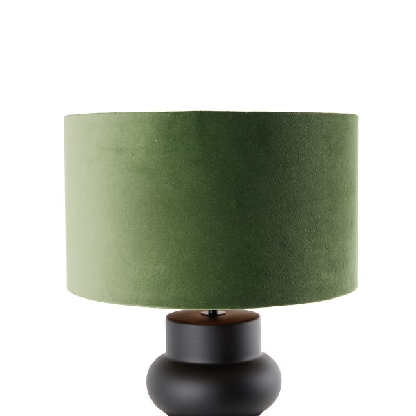 Tischleuchte mit grünem Stoffschirm und schwarzem Sockel