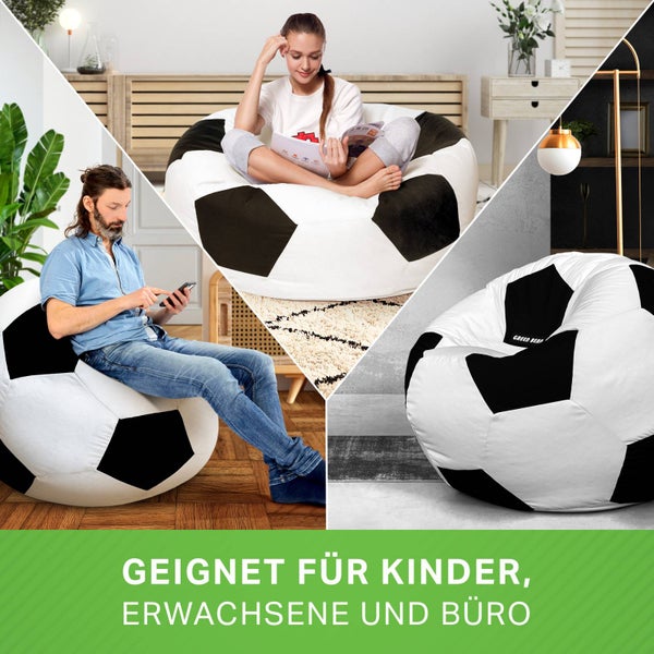 Green Bean Fußball-Sitzsack fertig befüllt 250L EPS Perlen - Kinder & Erwachsene 90cm Bean Bag Riesensitzsack Liegekissen Lounge Chair Sitzkissen Waschbarer Bezug Gaming Sessel Schwarz/Weiß