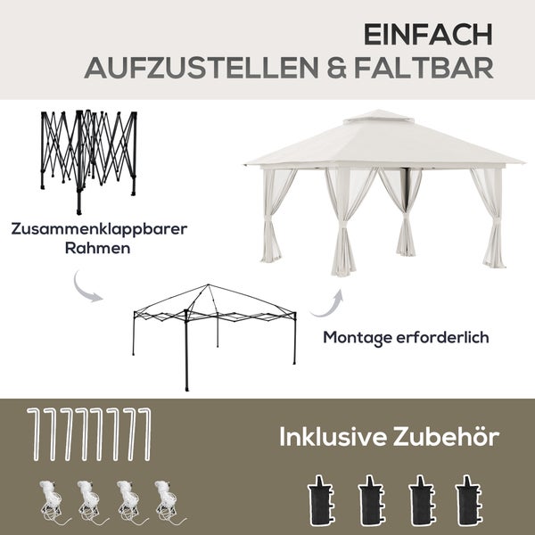 Outsunny Faltpavillon 4 x 4 m, Pavillon mit 4 Moskitonetz, Höhenverstellbares Pop-Up-Zelt UV-Schutz 50+, Partyzelt mit Doppeldach, Tragetasche, für Balkon, Campingplatz, Oxford-Polyester Cremeweiß