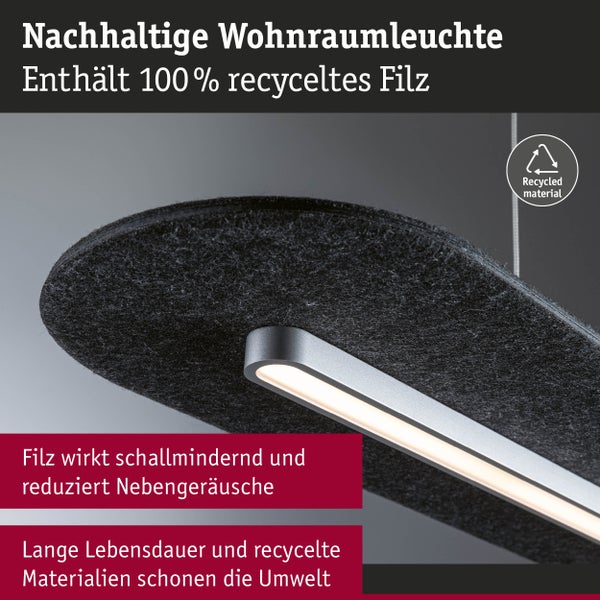 Nachhaltige Wohnraumleuchte aus 100 Prozent recyceltem Filz, schallmindernd und langlebig mit Symbol für recycelte Materialien.