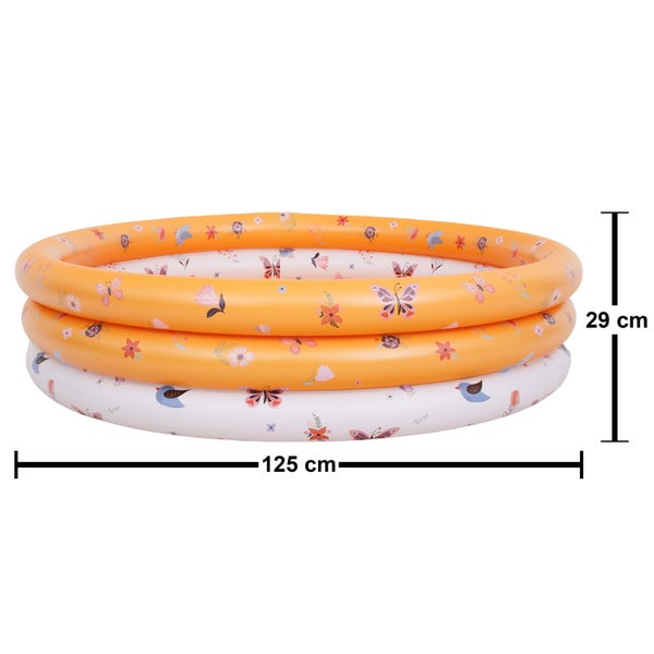 Aufblasbares Kinderplanschbecken mit drei Ringen, Schmetterlings- und Vogelmotiv, Durchmesser 125 Zentimeter, Höhe 29 Zentimeter.