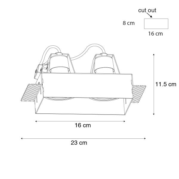 Maßskizze für zweiflammigen Einbaustrahler, Ausschnitt 16 mal 8 Zentimeter, Breite 23 Zentimeter und Einbautiefe 11,5 Zentimeter.