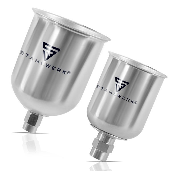 Zwei Stahlwerk Farbspritzpistolen-Becher aus Metall