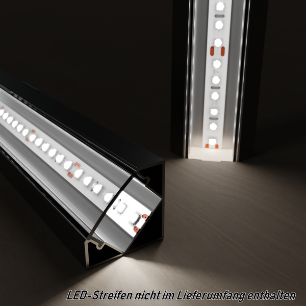 TIVENDIS Led Alu Profil 2 m E45 Komplett Set für Strip / Streifen bis 12 mm breit | Abdeckung transparent klar, Endkappen, Befestigungclips | L-Form Winkel Ecke Winkelprofil Eckprofil eloxiert