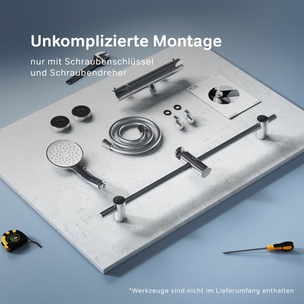 Duschsystem Set mit Handbrause, Duschstange und Armatur sowie Montagezubehör auf einer Arbeitsplatte dargestellt.