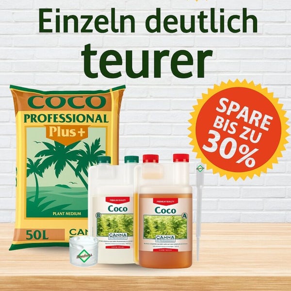 Set aus 50 Liter CANNA Coco Professional Plus, zwei Flaschen Canna Coco Dünger, Weedness Behälter und Pipette. Ersparnis bis zu 30 Prozent.