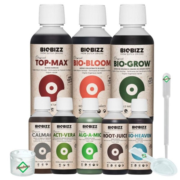 Biobizz Dünger-Set mit Top-Max, Bio-Bloom, Bio-Grow, Calmag, Acti-Vera, Alg-A-Mic, Root-Juice, Bio-Heaven, Pipette und Zubehör mit Weedness Logo.