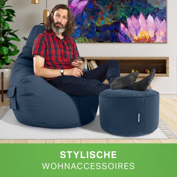 Green Bean 2er Set Sitzsack + Hocker - fertig befüllt - robust waschbar schmutzabweisend - Kinder & Erwachsene Bean Bag Bodenkissen Lounge Sitzhocker Relax-Sessel Gamer Gamingstuhl Pouf - Dunkelblau
