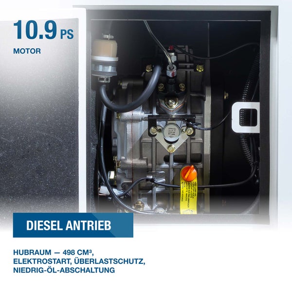 Dieselmotor mit 10,9 PS Leistung, 498 Kubikzentimeter Hubraum, Elektrostart, Überlastschutz und Niedrigölabschaltung in einem Gehäuse.