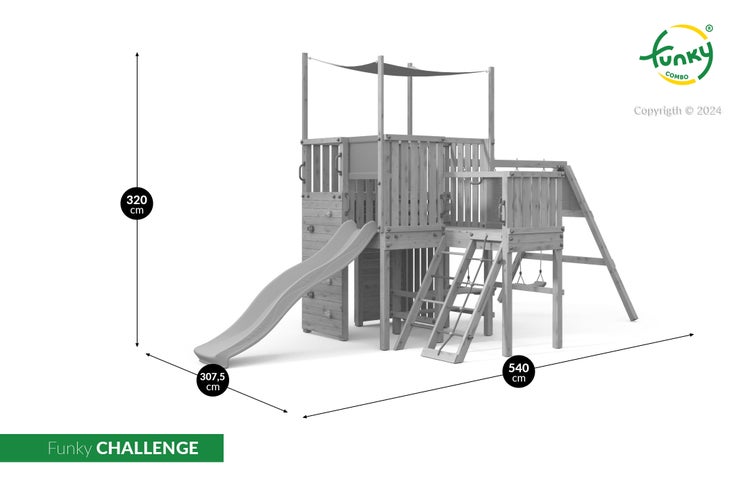 Holz-Spielturm Funky CHALLENGE mit Rutsche, Kletterwand und Sonnensegel. Maße: 320 mal 307,5 mal 540 Zentimeter. Funky COMBO Logo.