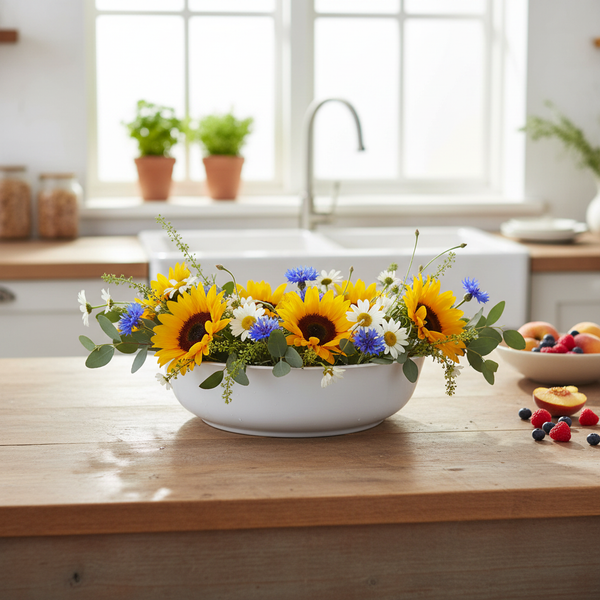 Blumenarrangement in weißer Schale mit Sonnenblumen und Kornblumen auf einem Holztisch in einer hellen Küche.