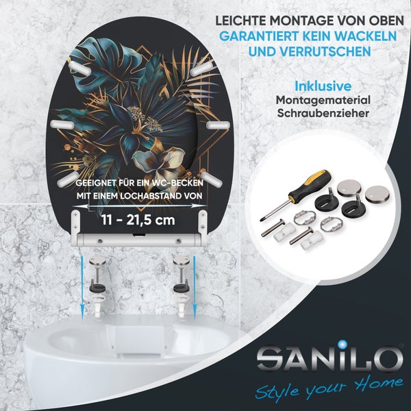 Sanilo WC-Sitz mit tropischem Pflanzenmotiv, inklusiv Montagematerial und Schraubendreher, für einen Lochabstand von 11 bis 21,5 Zentimeter.