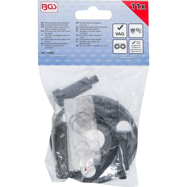 BGS technic Nockenwellenrad-Abzieher 11-teilig geeignet für VAG Fahrzeuge in Originalverpackung.