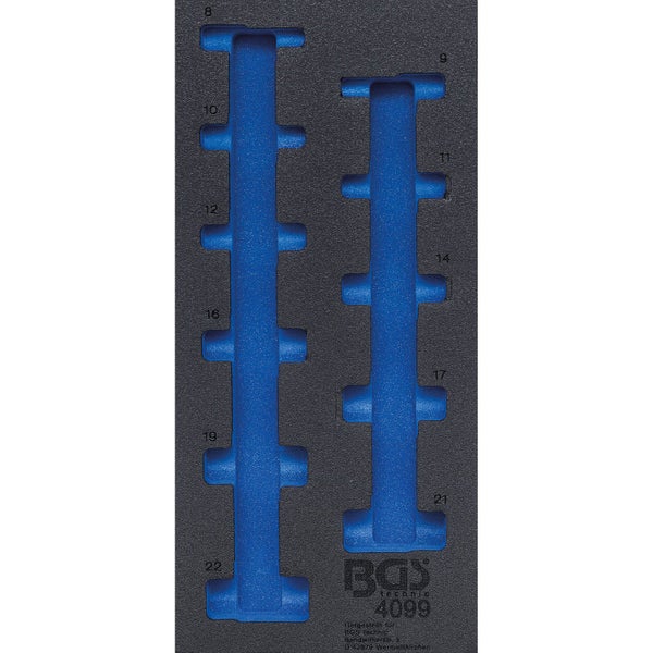 Schaumstoffeinlage für Ringmaulschlüssel von BGS technic mit Aussparungen für die Größen 8 bis 22.