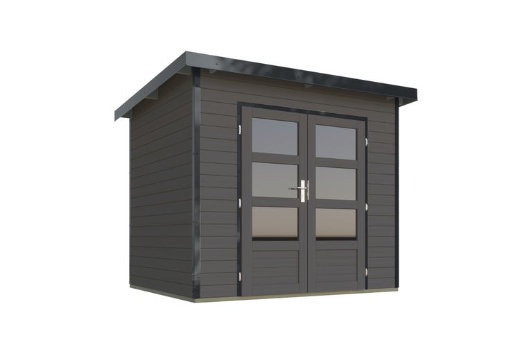 Modernes Gartenhaus aus Holz mit Pultdach und Doppeltür mit Fensterelementen.