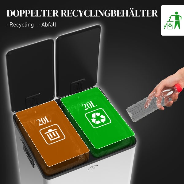 Doppelter Recyclingbehälter mit zwei 20 Liter Fächern für Abfall und Recycling, zeigt eine Hand beim Einwerfen einer Plastikflasche.