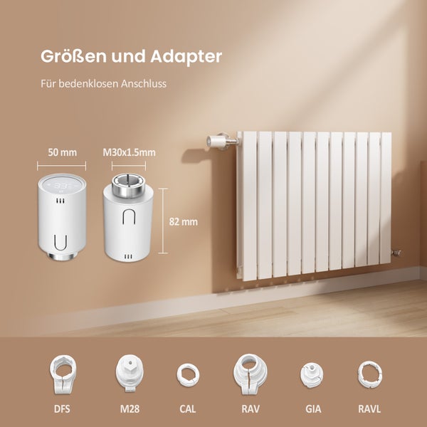 EMKE Intelligenter Heizkörper-Thermostatkopf – Weiß, Touchscreen, Fernsteuerung, 82x50mm, 7-Tage/24-Stunden Programmierung