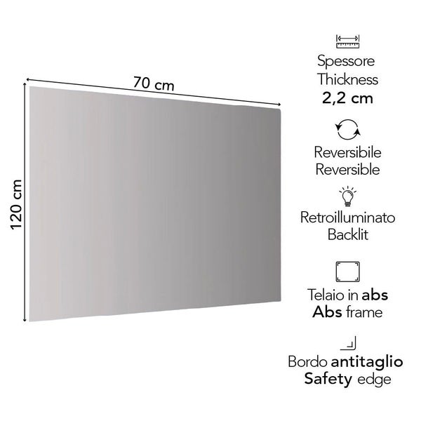 Rechteckiger Spiegel, 70 mal 120 Zentimeter, Dicke 2,2 Zentimeter, umkehrbar, hintergrundbeleuchtet, ABS-Rahmen und Sicherheitskante.