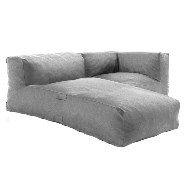 Modulares Loungesofa-Eckelement aus grauem Stoff mit seitlichen Schlaufen.